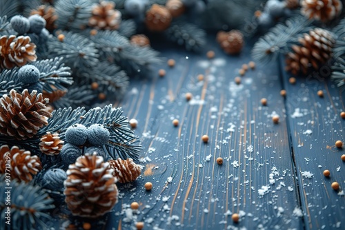 Christmas and New Year background with fir branches and snowfall on wooden white board