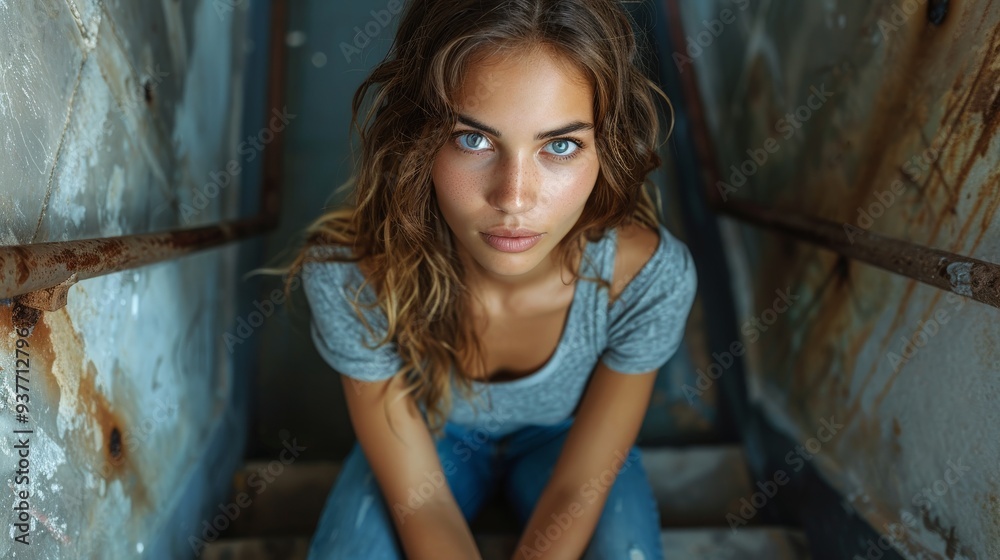 Fototapeta premium A young woman captures contemplation on weathered steps in an abandoned building during golden hour. Generative AI