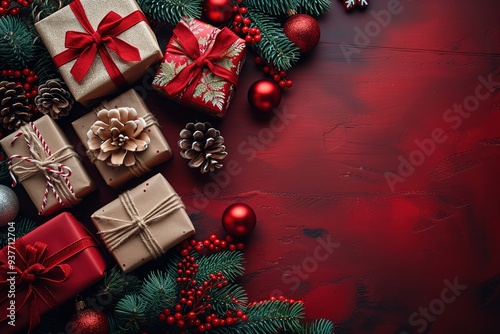 Christmas and New Year holiday background Xmas greeting card Christmas gifts on red background top view