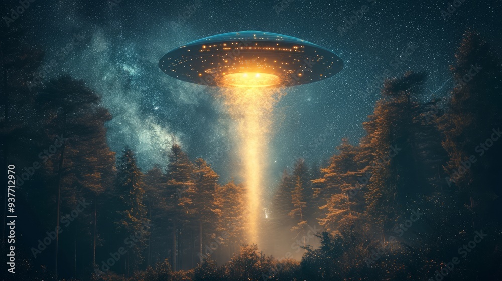 Artistically rendered image depicts a UFO with a bright beam of light descending upon a misty, tree-filled forest night scene Artistically rendered image depicts a UFO with a bright beam of light descending upon a misty, tree-filled forest night scene