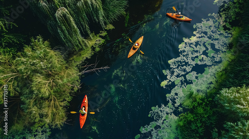 Group of people (friends) kayaking in a wild river among thickets of plants on a biosphere reserve  photo