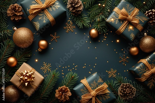 Christmas banner Background Xmas design of sparkling lights garland, with realistic gifts box, black snowflake and glitter gold confetti Horizontal christmas poster, greeting cards, headers, website