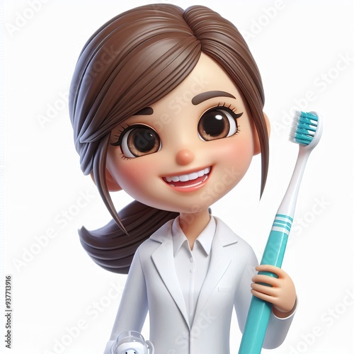 A cartoon dentist in a lab coat holding a toothbrush, smiling warmly