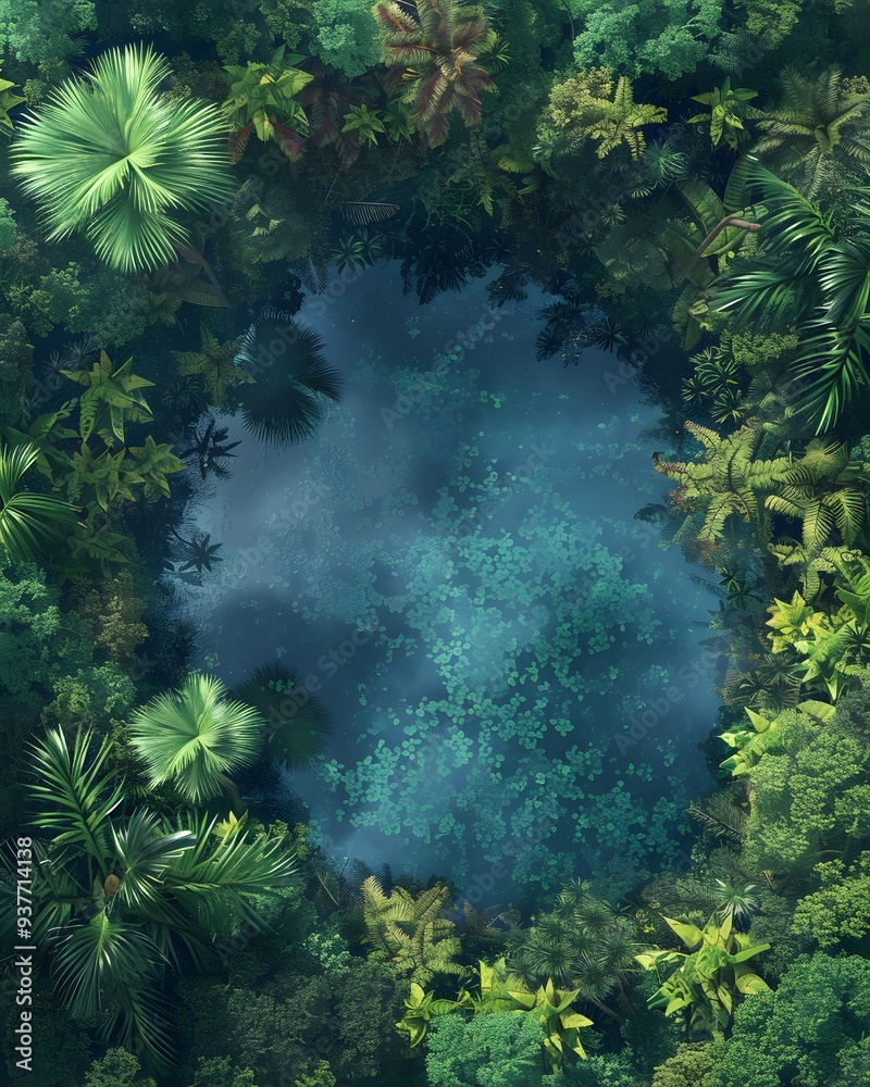 Obraz premium Aerial view of a green lake in the middle, surrounded by a dense jungle and tropical rainforest with palm trees and other vegetation