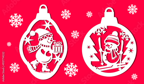 Christmas tree toys with snowmen. Cut out Christmas tree toy. 