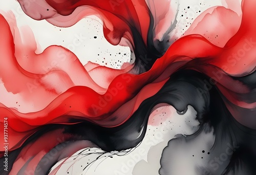 Flowing red, blue and black abstract background with soft, wavy shapes and subtle sparkles photo