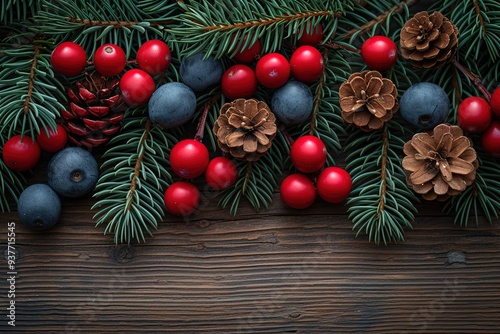 Christmas Holiday Evergreen Pine Branches and Red Berries Over Wood Background