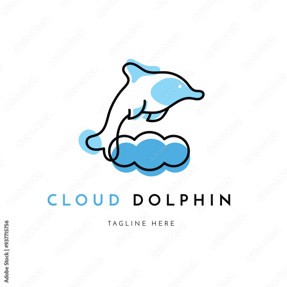 Naklejka premium Cloud and dolphin together concept art logo vector illustration for cloud based internet service, storage service and others. White isolated background.