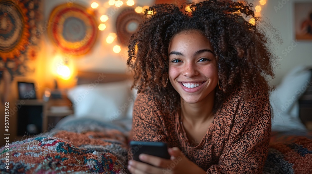 A student lying on a rug in their dorm room, holding their phone horizontally with no headphones, laughing at a comedy video.