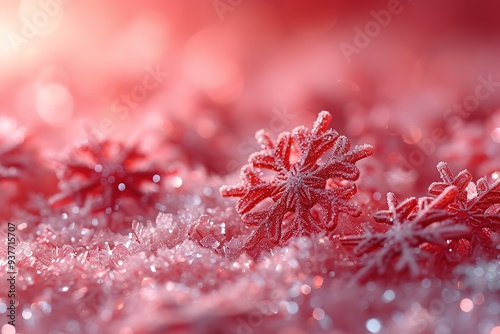 Christmas illustration with various small snowflakes on gradient background in red colors