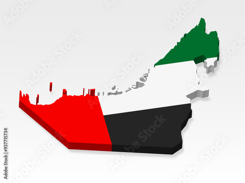 3D  United Arab Emirates map with flag. Three dimensional map of UAE with shadow. Flag of United Arab Emirates on white background for your design, app, UI.  Stock vector. EPS10.