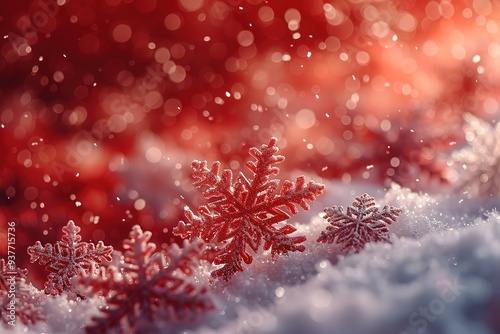 Christmas illustration with various small snowflakes on gradient background in red colors