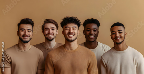 A portrait of five diverse male models with beautiful, healthy skin showcasing different ethnicities and hair textures.