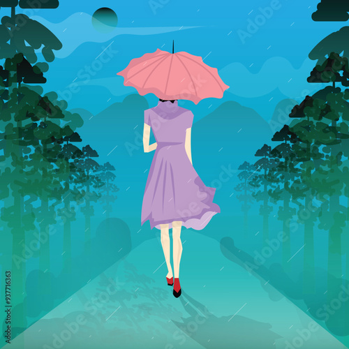 Girl or lady walking on a path between forest and nature alone, back view on a rainy day. Girl with umbrella on rainy season japanese concept art vector illustration.