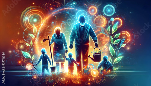 Glowing Abstract Grandparents and Grandchildren Playing concept as A dynamic digital art banner featuring glowing abstract icons of grandparents and grandchildren playing together. The design radiates