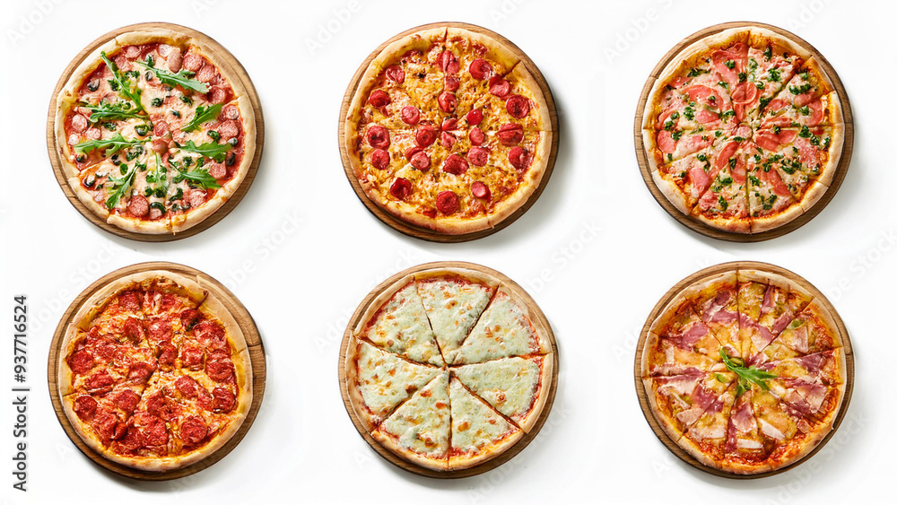 Set of six pizzas isolated on white background, top view Set of six pizzas isolated on white background, top view