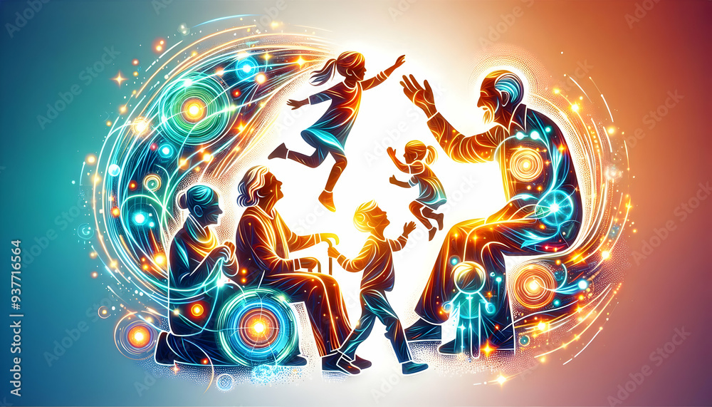Fototapeta premium Glowing Abstract Grandparents and Grandchildren Playing concept as A dynamic digital art banner featuring glowing abstract icons of grandparents and grandchildren playing together. The design radiates