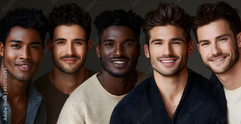 A portrait of five diverse male models with beautiful, healthy skin showcasing different ethnicities and hair textures. A portrait of five diverse male models with beautiful, healthy skin showcasing different ethnicities and hair textures.