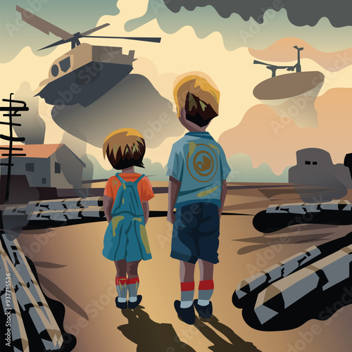 Kids at war. Devastated and destroyed life of normal peoples and poor peoples concept on a war zone. Orphan kid or abandoned children with broken house and home showing a horrified reality of war.
