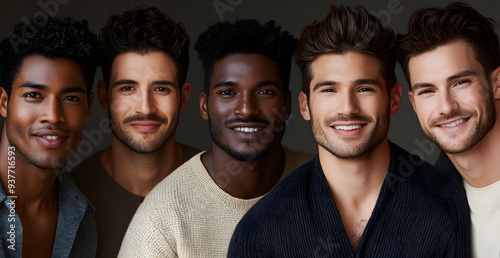 A portrait of five diverse male models with beautiful, healthy skin showcasing different ethnicities and hair textures.