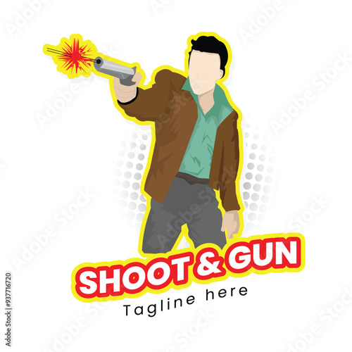 Person shooting gun, shoot and fire concept logo vector illustration with dummy text on white background.