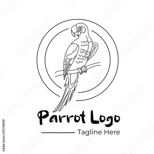 Parrot line art logo vector illustration with dummy text on white background.