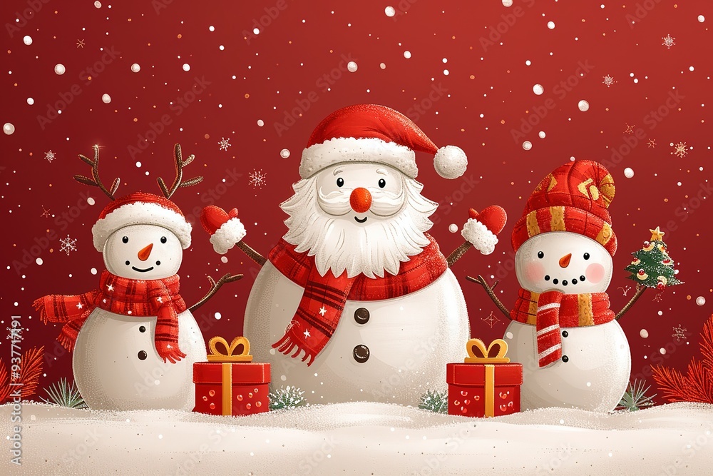 Christmas vector characters like santa claus, reindeer and snowman holding gift with merry christmas greeting and tree in a red background Vector illustration Christmas vector characters like santa claus, reindeer and snowman holding gift with merry christmas greeting and tree in a red background Vector illustration
