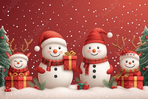 Christmas vector characters like santa claus, reindeer and snowman holding gift with merry christmas greeting and tree in a red background Vector illustration