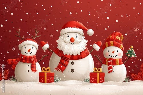 Christmas vector characters like santa claus, reindeer and snowman holding gift with merry christmas greeting and tree in a red background Vector illustration