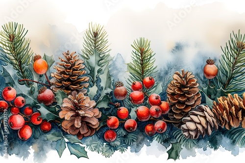 Christmas watercolor horizontal arranging with holly berries, spruce and pine cones
