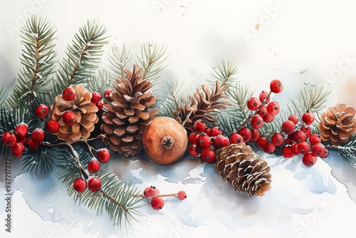Christmas watercolor horizontal arranging with holly berries, spruce and pine cones