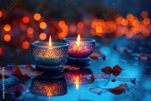 Colorful Diya lamps with bokeh lights background