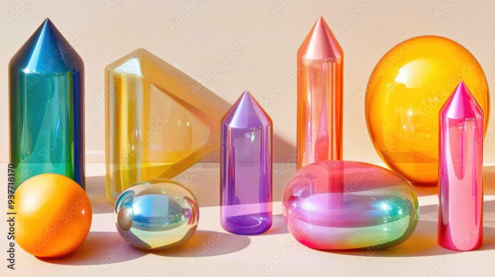 Vibrant geometric shapes exhibit transparency and color, reflecting light beautifully, creating an engaging visual composition Vibrant geometric shapes exhibit transparency and color, reflecting light beautifully, creating an engaging visual composition
