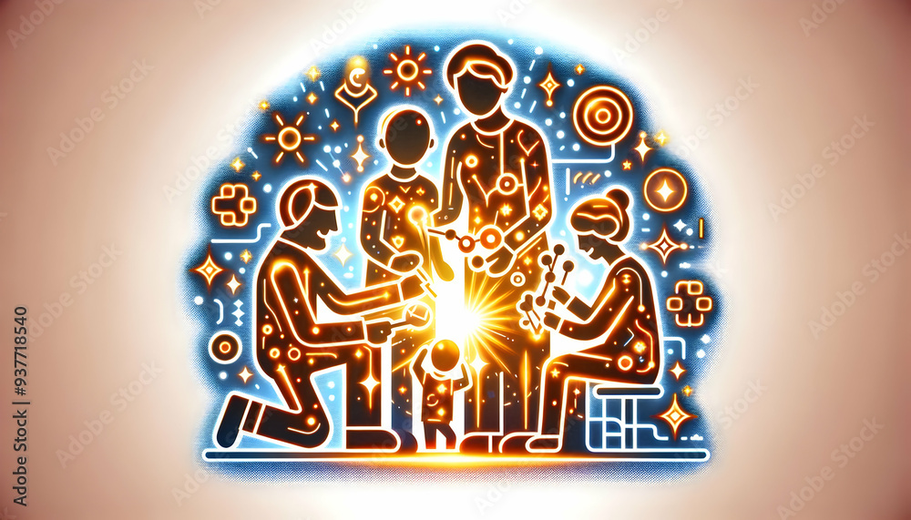 Glowing Abstract Grandparents and Grandchildren Playing concept as A dynamic digital art banner featuring glowing abstract icons of grandparents and grandchildren playing together. The design radiates Glowing Abstract Grandparents and Grandchildren Playing concept as A dynamic digital art banner featuring glowing abstract icons of grandparents and grandchildren playing together. The design radiates
