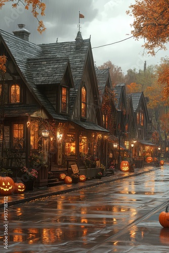 a wet street with pumpkins and lights