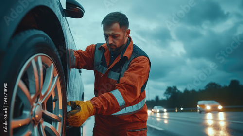 Handsome road assistance worker in uniform changing car wheel on the highway