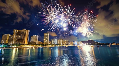 Colorful bursts of fireworks illuminate the night as they reflect off serene waters, showcasing a lively metropolis in a breathtaking celebration of light and joy