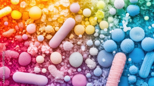 Vibrant microscopic organisms display various shapes and colors, illustrating the complexity of microbial life in their natural habitat