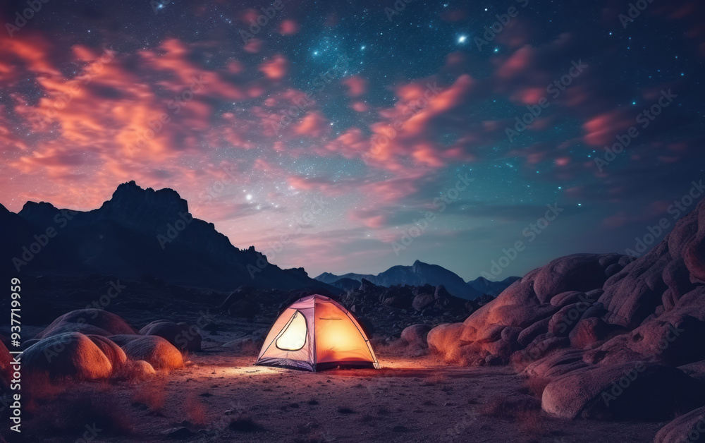 A tent for camping under the stars, creating an atmosphere of privacy and outdoor adventure at night A tent for camping under the stars, creating an atmosphere of privacy and outdoor adventure at night