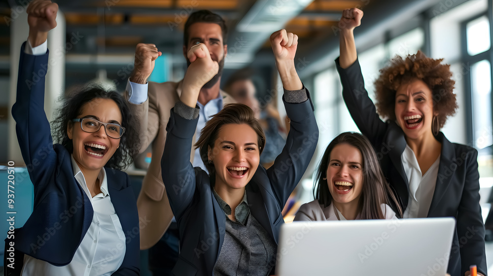 Happy group of businesspeople during a presentation. Happy group of businesspeople during a presentation.