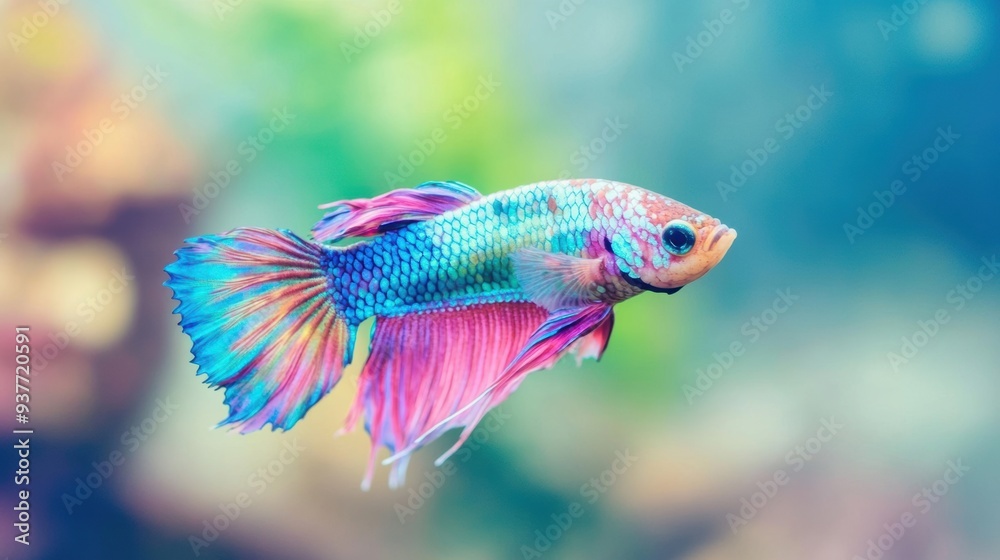 A vivid Betta fish swims elegantly, showcasing its flowing fins and bright colors against a lively underwater backdrop A vivid Betta fish swims elegantly, showcasing its flowing fins and bright colors against a lively underwater backdrop