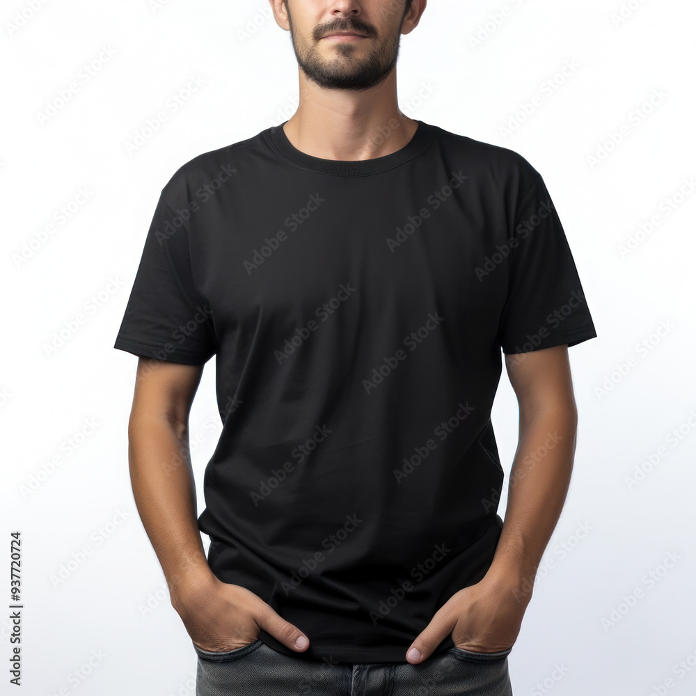 A man wearing a black t-shirt against a neutral background, ideal for a design mockup, shows style and modernity A man wearing a black t-shirt against a neutral background, ideal for a design mockup, shows style and modernity