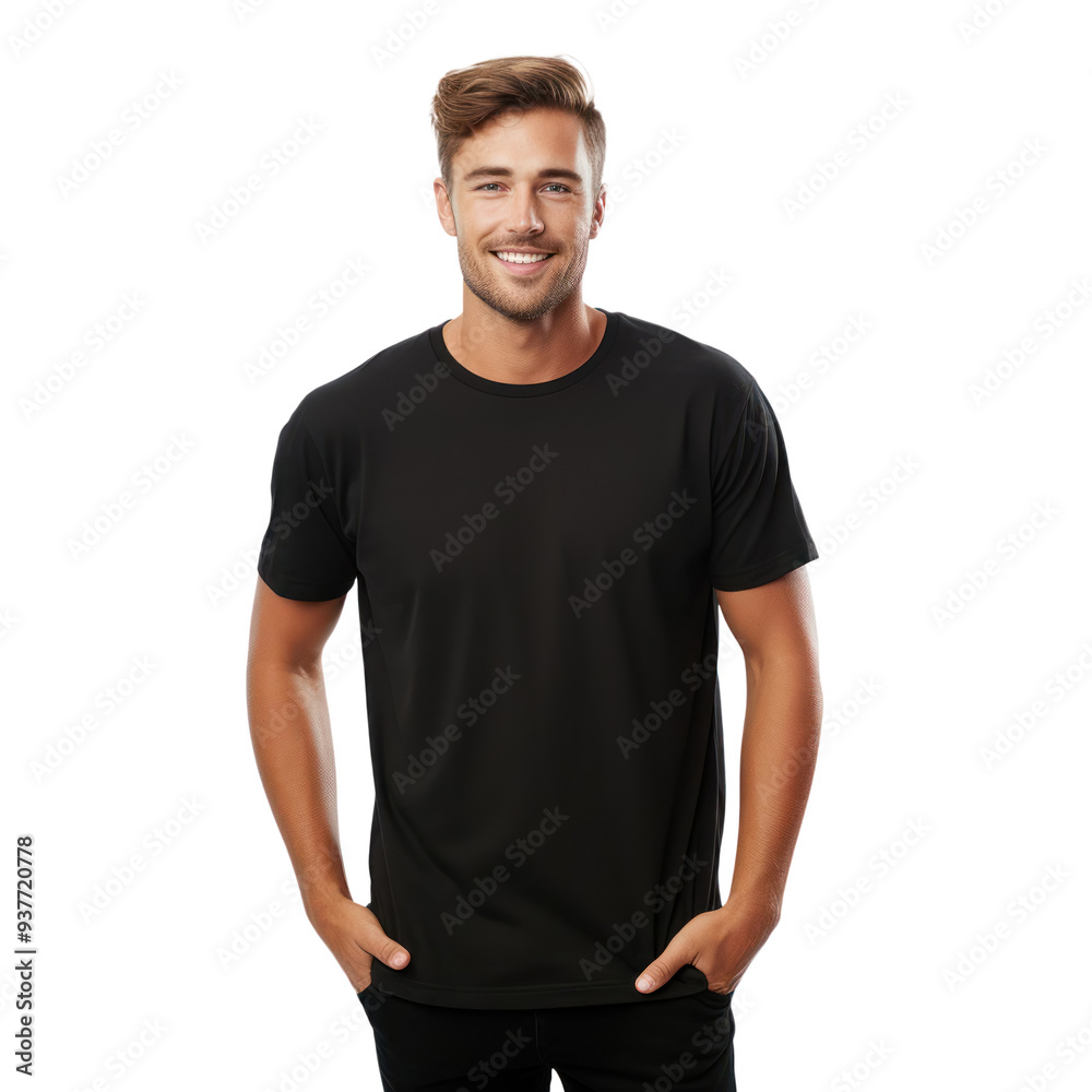 A man wearing a black t-shirt against a neutral background, ideal for a design mockup, shows style and modernity A man wearing a black t-shirt against a neutral background, ideal for a design mockup, shows style and modernity