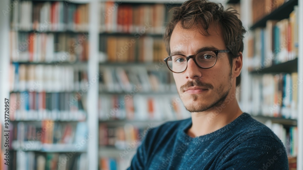 The man sits comfortably with crossed arms in a cozy home library filled with books, exuding confidence and contemplation The man sits comfortably with crossed arms in a cozy home library filled with books, exuding confidence and contemplation