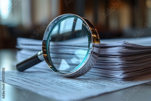 Close-Up of Magnifying Glass on Stack of Documents - Concept of Research, Analysis, and Investigation