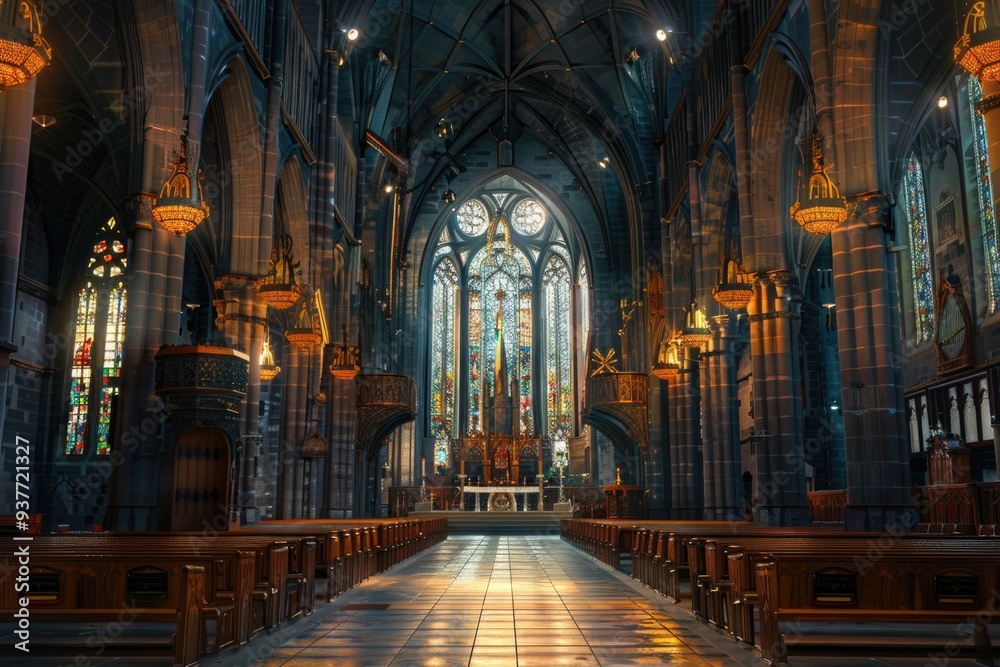 Interior of a church with stained glass windows and pews Interior of a church with stained glass windows and pews
