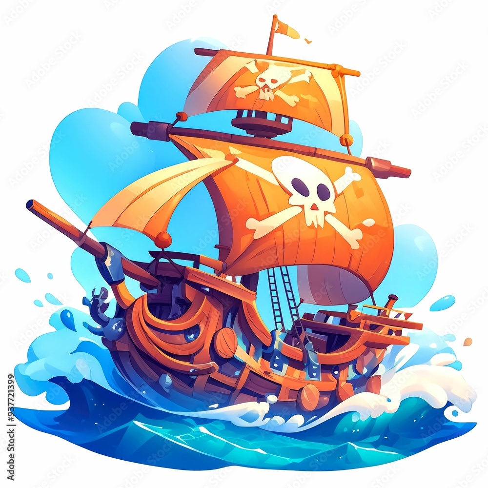 Naklejka premium A Pirate Ship Sailing on a Blue Ocean with a Skull and Crossbones Flag