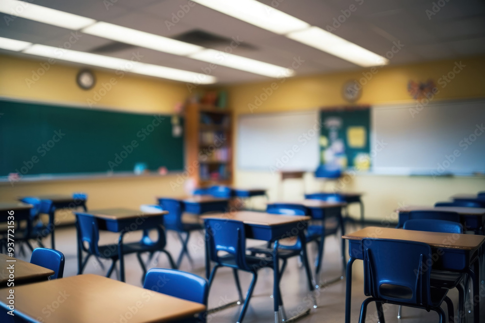 Selective focus on a school classroom: blackboard, desks and textbooks create an atmosphere of learning and inspiration for students Selective focus on a school classroom: blackboard, desks and textbooks create an atmosphere of learning and inspiration for students