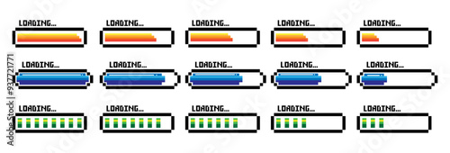 	
Pixel art 8-bit loading bar concept. Loading icons set.Load bar collection. loading icons on white background.	