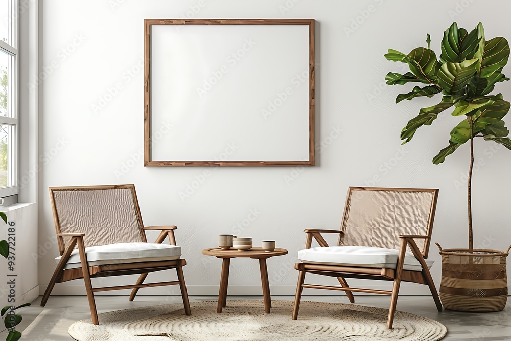 Bright living room interior with empty frame mockup, wooden chairs and white wall Bright living room interior with empty frame mockup, wooden chairs and white wall